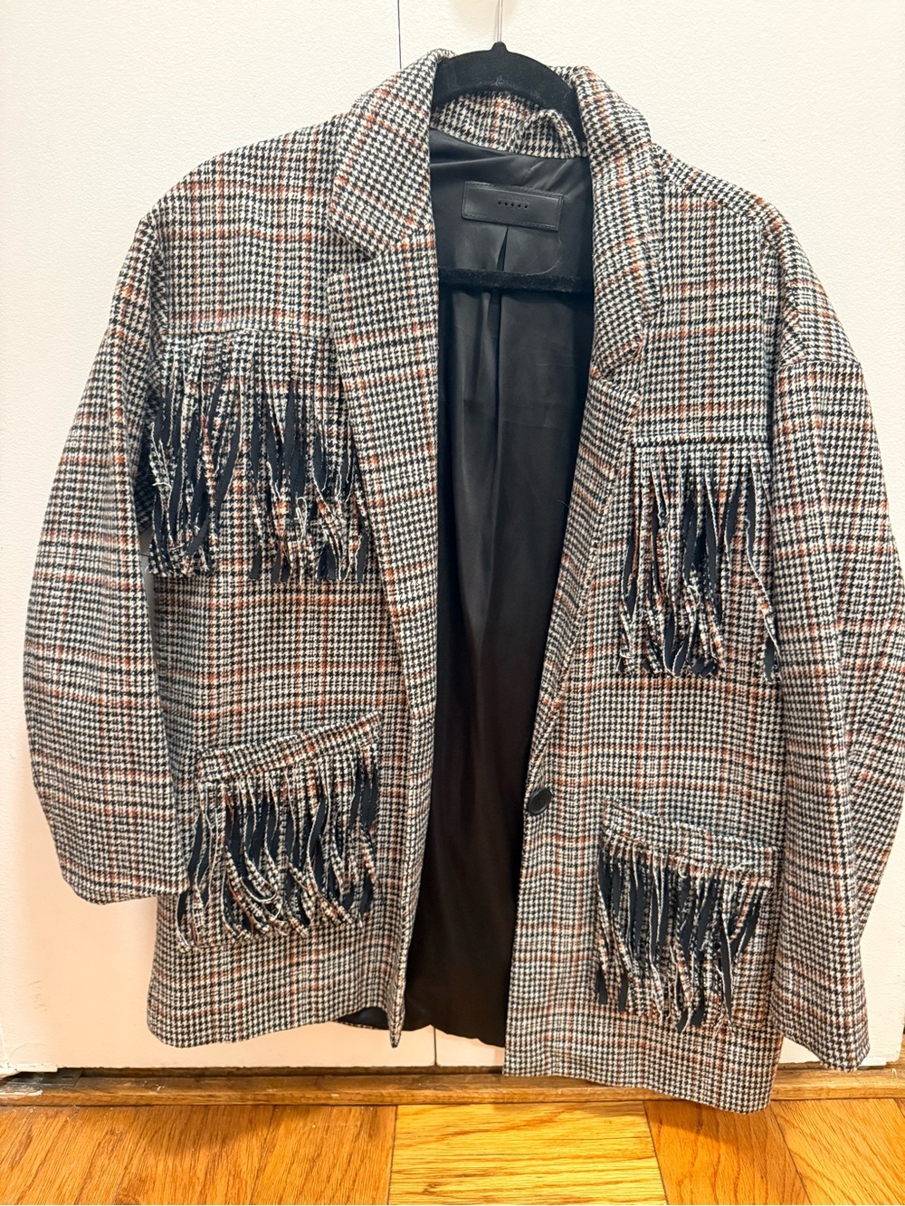 Blank NYC Checked Fringe Blazer in Black, Cream and Brown